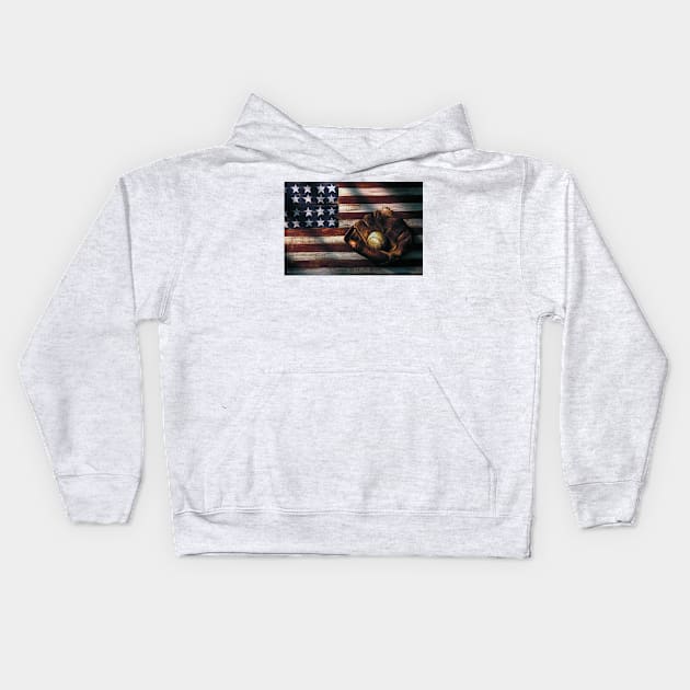 Folk art American flag and baseball mitt Kids Hoodie by photogarry